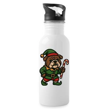 Christmas Elf Bulldog Holding Candy Cane Art - Water bottle with straw - white - Right