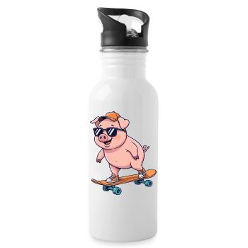 Funny Pig Skating on Skateboard Cartoon Skater - Water bottle with straw - white - Right