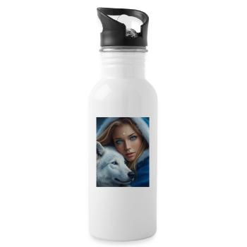 Winter Wolf Woman Portrait - Water bottle with straw - white - Right