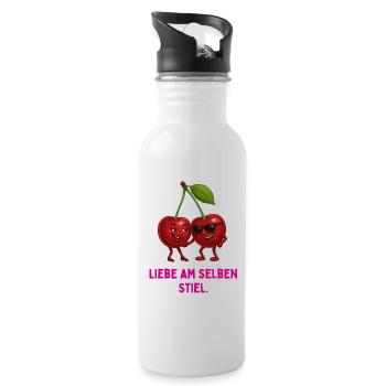 Kirschenpaar am selben Stiel - Trinkflasche mit integriertem Trinkhalm - Weiß - Rechts