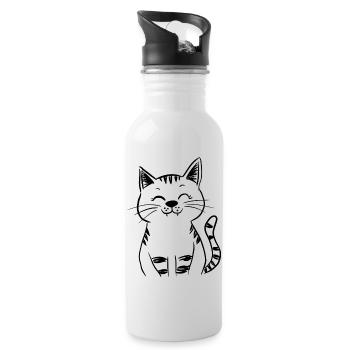 Minimal Smiling Cat Line Art – Happy Kitty - Water bottle with straw - white - Right