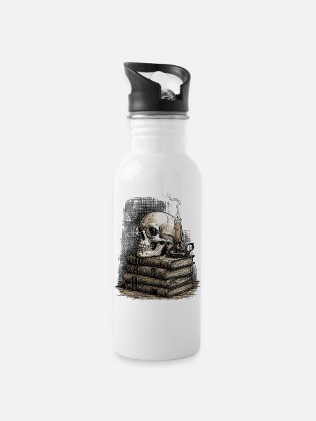 Dark Academia Skull & Books Vintage Gothic  - Water bottle with straw - white