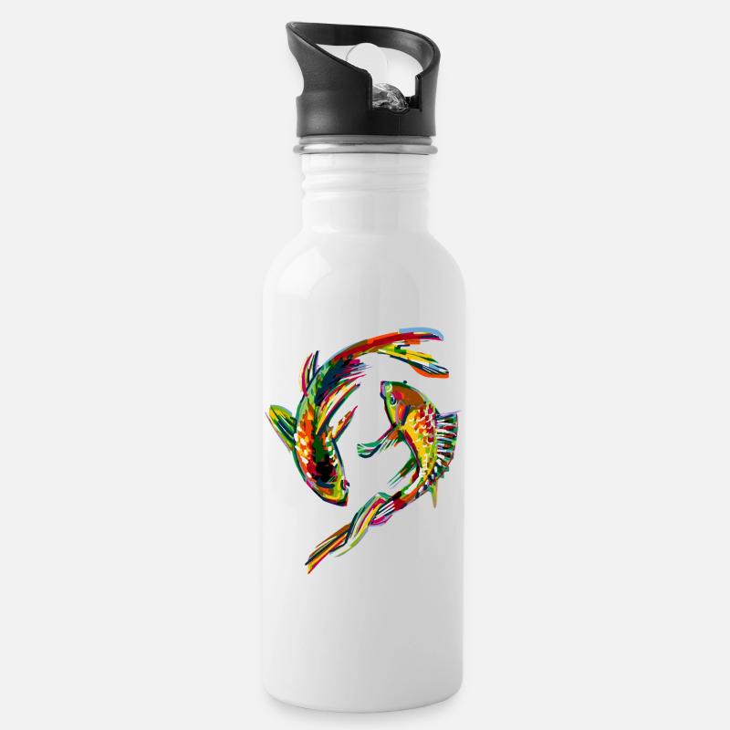 Bunte Karpfen - Trinkflasche mit integriertem Trinkhalm - Weiß