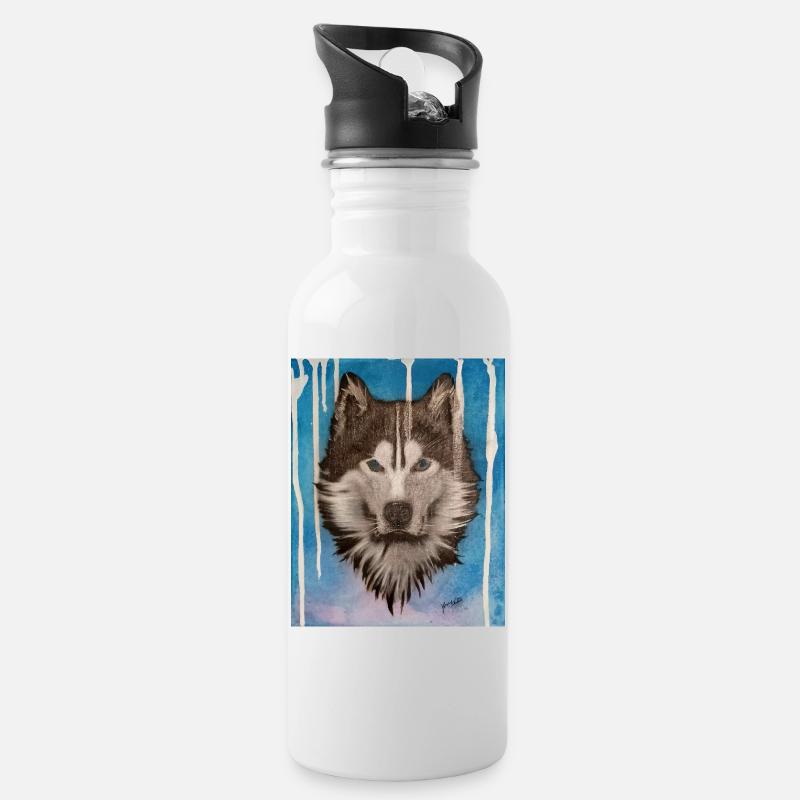 Husky Aquarelldesign - Trinkflasche mit integriertem Trinkhalm - Weiß