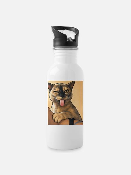 Cat Win: Tongue Out Cartoon Kitten - Water bottle with straw - white