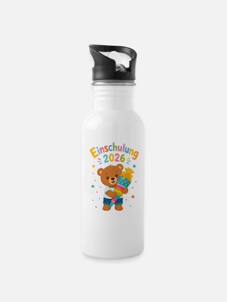 Einschulung 2026 Bär mit Regenbogenrakete - Trinkflasche mit integriertem Trinkhalm - Weiß