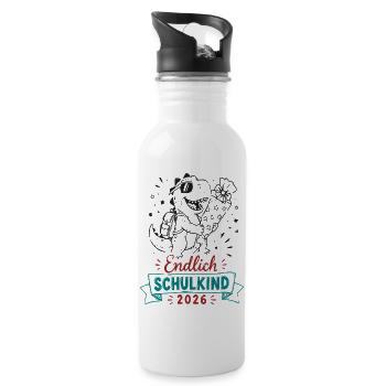 Endlich Schulkind 2026 Dino Feier - Trinkflasche mit integriertem Trinkhalm - Weiß - Rechts