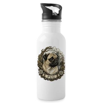 Mops im Vintage Stil mit Berglandschaft - Trinkflasche mit integriertem Trinkhalm - Weiß - Rechts