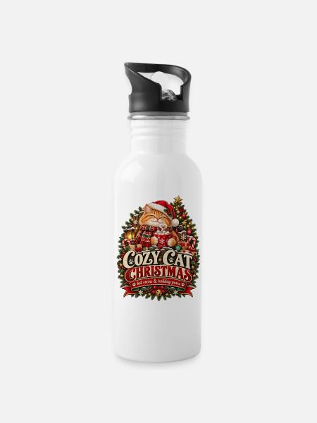 Cozy Cat Christmas - Trinkflasche mit integriertem Trinkhalm - Weiß