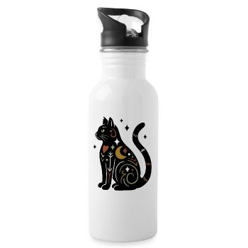 Magische Katze - Schwarz Bunt mit Sternen - Trinkflasche mit integriertem Trinkhalm - Weiß - Rechts
