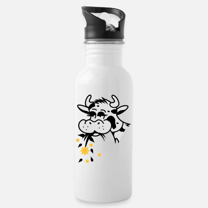 Kuh frisst Blumenstrauss - Trinkflasche mit integriertem Trinkhalm - Weiß