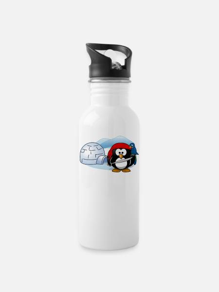 Pirate penguin with sword, parrot and igloo. - Water bottle with straw - white