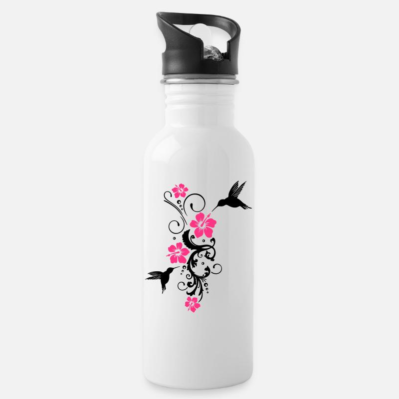 Colibri avec des fleurs d'hibiscus - Gourde avec paille intégrée - blanc