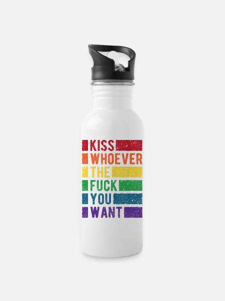 Kiss Who You Want LGBT Regenbogen Pride - Trinkflasche mit integriertem Trinkhalm - Weiß