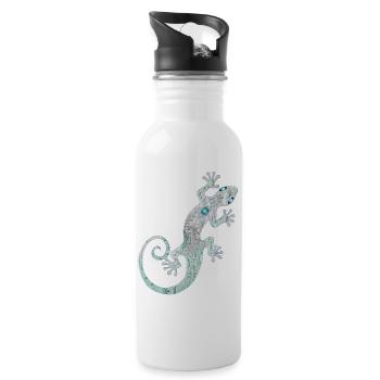 Kunstvoller Ethno Gecko aus Silber & Türkis Farben - Trinkflasche mit integriertem Trinkhalm - Weiß - Rechts