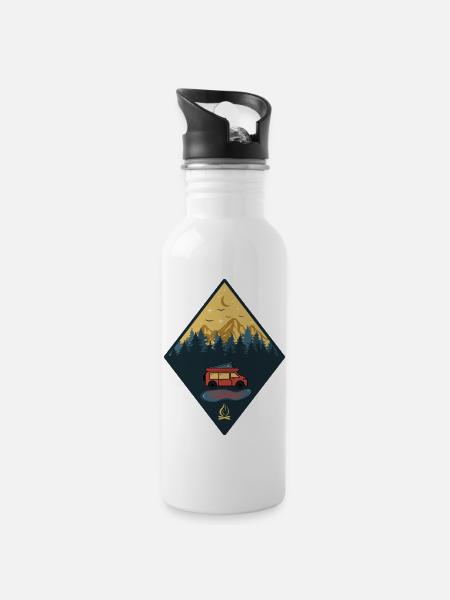 Camping Lagerfeuer Camper Wohnmobil - Trinkflasche mit integriertem Trinkhalm - Weiß