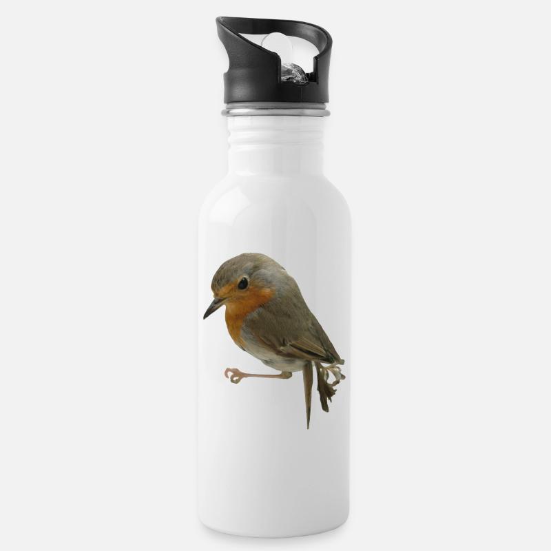 Rotkehlchen - Trinkflasche mit integriertem Trinkhalm - Weiß