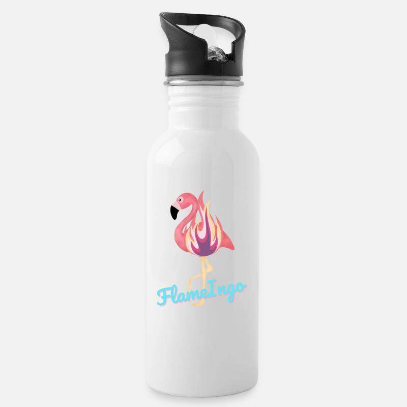 FlameIngo - Flamingo in Flammen - Trinkflasche mit integriertem Trinkhalm - Weiß