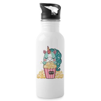 Buntes, süßes Einhorn isst leckeres Butter-Popcorn - Trinkflasche mit integriertem Trinkhalm - Weiß - Rechts