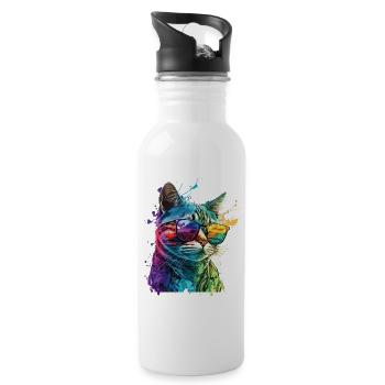 Cat With Sunglasses Splash Colorful Animal Art - Water bottle with straw - white - Right