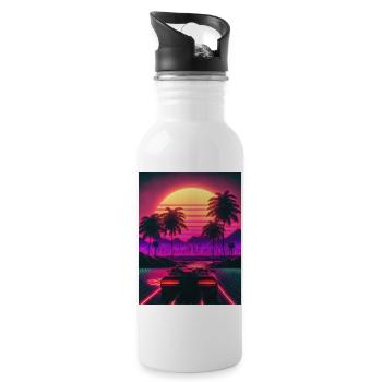 Retro Ride: Auf den Synthwave-Wellen der Sonne - Trinkflasche mit integriertem Trinkhalm - Weiß - Rechts