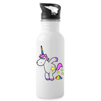 Rosa Cartoon Einhorn macht Regenbogen Haufen - Trinkflasche mit integriertem Trinkhalm - Weiß - Rechts