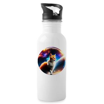 "Cosmic Cat" mystisches Katzendesign - Trinkflasche mit integriertem Trinkhalm - Weiß - Rechts