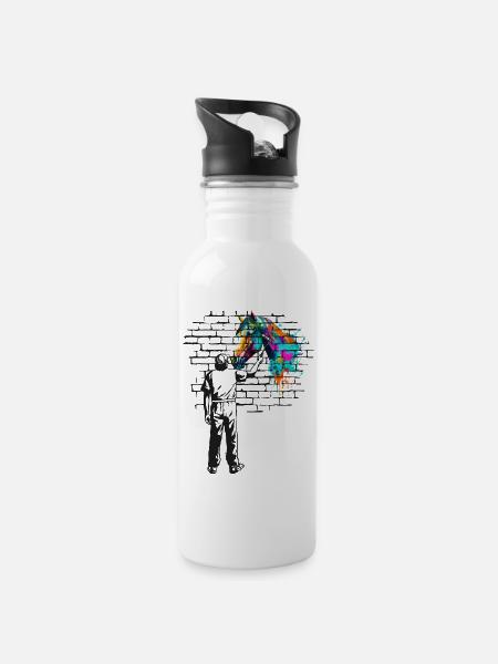 Horse Brick wall painting - Water bottle with straw - white