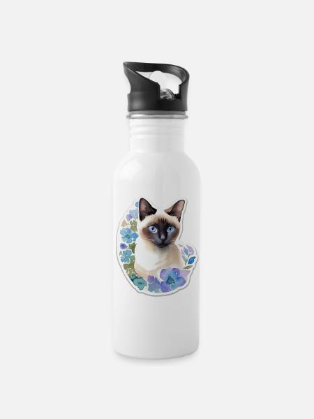 Siamkatze - Trinkflasche mit integriertem Trinkhalm - Weiß