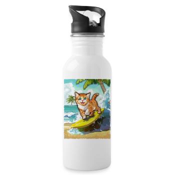 Surfing Cat - Cat Surfboard - Water bottle with straw - white - Right