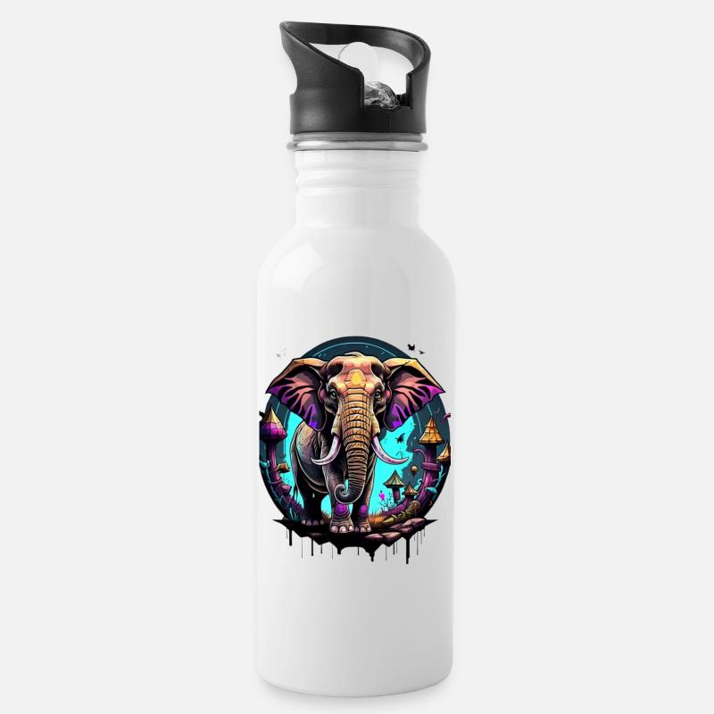 Graffiti Elefant - Trinkflasche mit integriertem Trinkhalm - Weiß