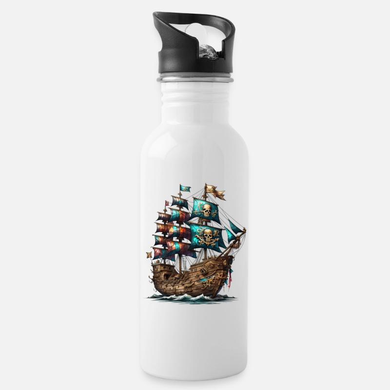 Piraten Schiff - Trinkflasche mit integriertem Trinkhalm - Weiß