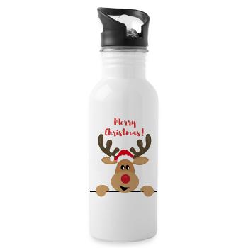 Renntier wünscht Frohe Weihnachten - Trinkflasche mit integriertem Trinkhalm - Weiß - Rechts