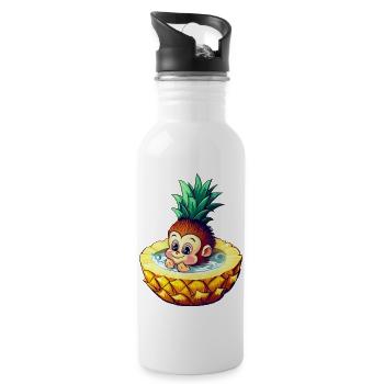 Affe und Ananas: Sommerlicher Badespaß-Design - Trinkflasche mit integriertem Trinkhalm - Weiß - Rechts