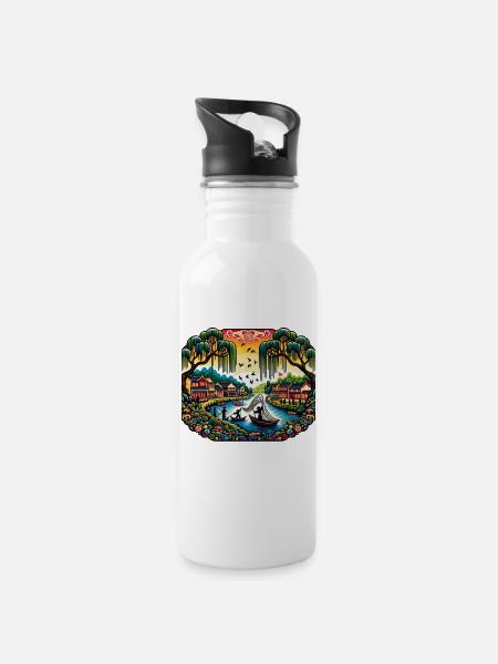 Fishermen on a River Inspired by Chinese Art - Water bottle with straw - white