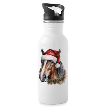 Pferd mit Weihnachtsmütze, T-Shirt, Tasse - Trinkflasche mit integriertem Trinkhalm - Weiß - Rechts