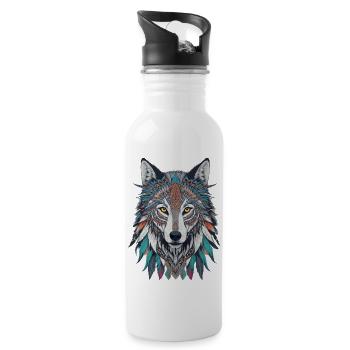 spirit animal wolf wild tier feder zentangle stil - Trinkflasche mit integriertem Trinkhalm - Weiß - Rechts