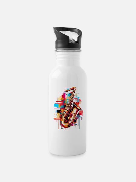 Jazz Fusion : T-shirt de saxophone abstrait - Gourde avec paille intégrée - blanc
