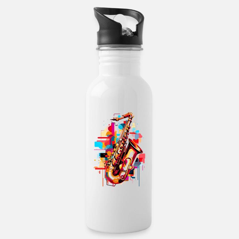 Jazz Fusion: Abstract Saxophone Tee - Water bottle with straw - white