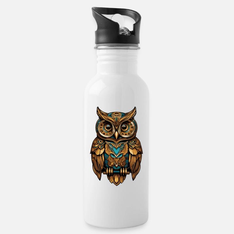 Steampunk owl - Water bottle with straw - white