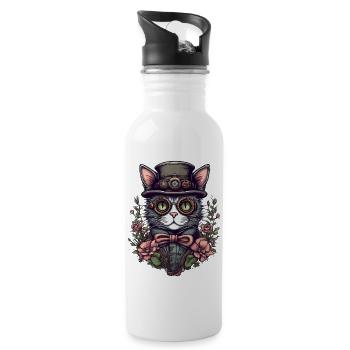Steampunk Katze - Trinkflasche mit integriertem Trinkhalm - Weiß - Rechts