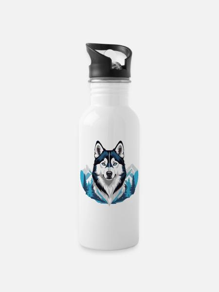 Siberian Husky - Trinkflasche mit integriertem Trinkhalm - Weiß