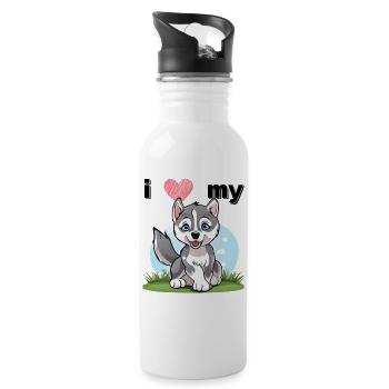 Petit Husky - Chiot loup - Gourde avec paille intégrée - blanc - Droite