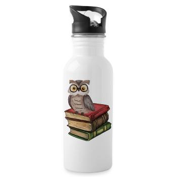 Eule auf Büchern - Geschenk für Buchliebhaber - Trinkflasche mit integriertem Trinkhalm - Weiß - Rechts
