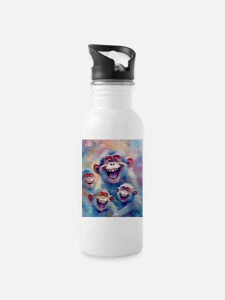 Lachende Affen - Trinkflasche mit integriertem Trinkhalm - Weiß