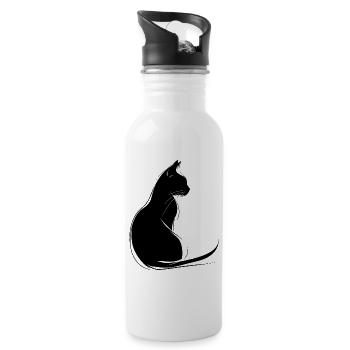 Cat Silhouette Outline Drawing Lineart Art - Water bottle with straw - white - Right