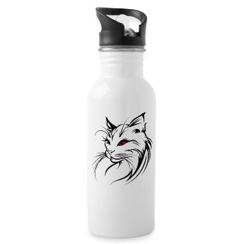 Cat Silhouette Outline Drawing Lineart Art - Water bottle with straw - white - Right