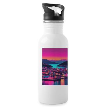 Colorful city on the mountain lake - Water bottle with straw - white - Right
