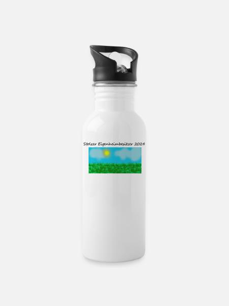 Stolzer Eigenheimnesitzer - Trinkflasche mit integriertem Trinkhalm - Weiß