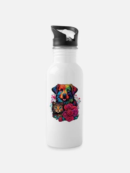 Hund, Katze und Rose - Trinkflasche mit integriertem Trinkhalm - Weiß